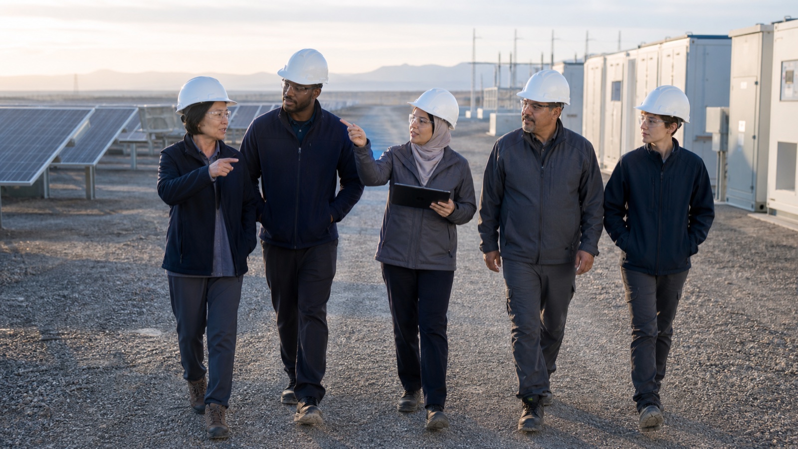 A diverse energy team conducting a clean-energy site walk