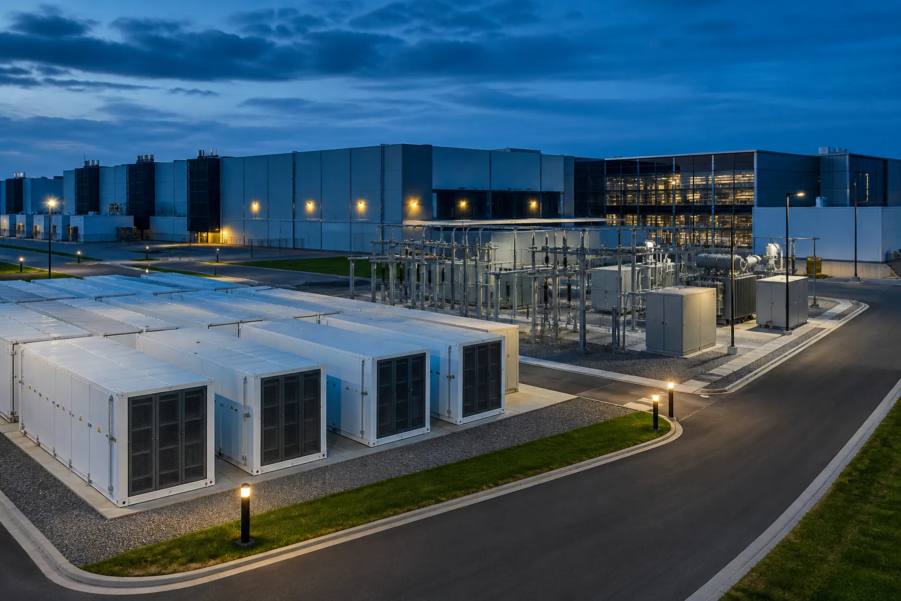 Aerial view of a data center campus with on-site energy infrastructure