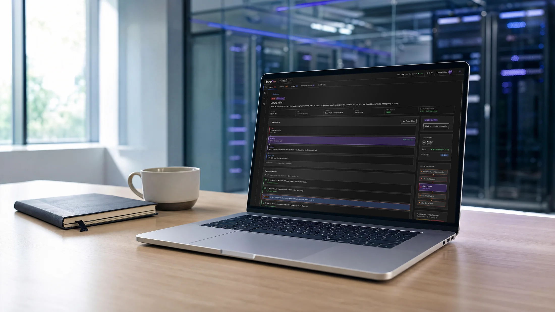 EnergyFluo alarm detail on a laptop: fault, AI diagnosis, advisory and the bound response procedure
