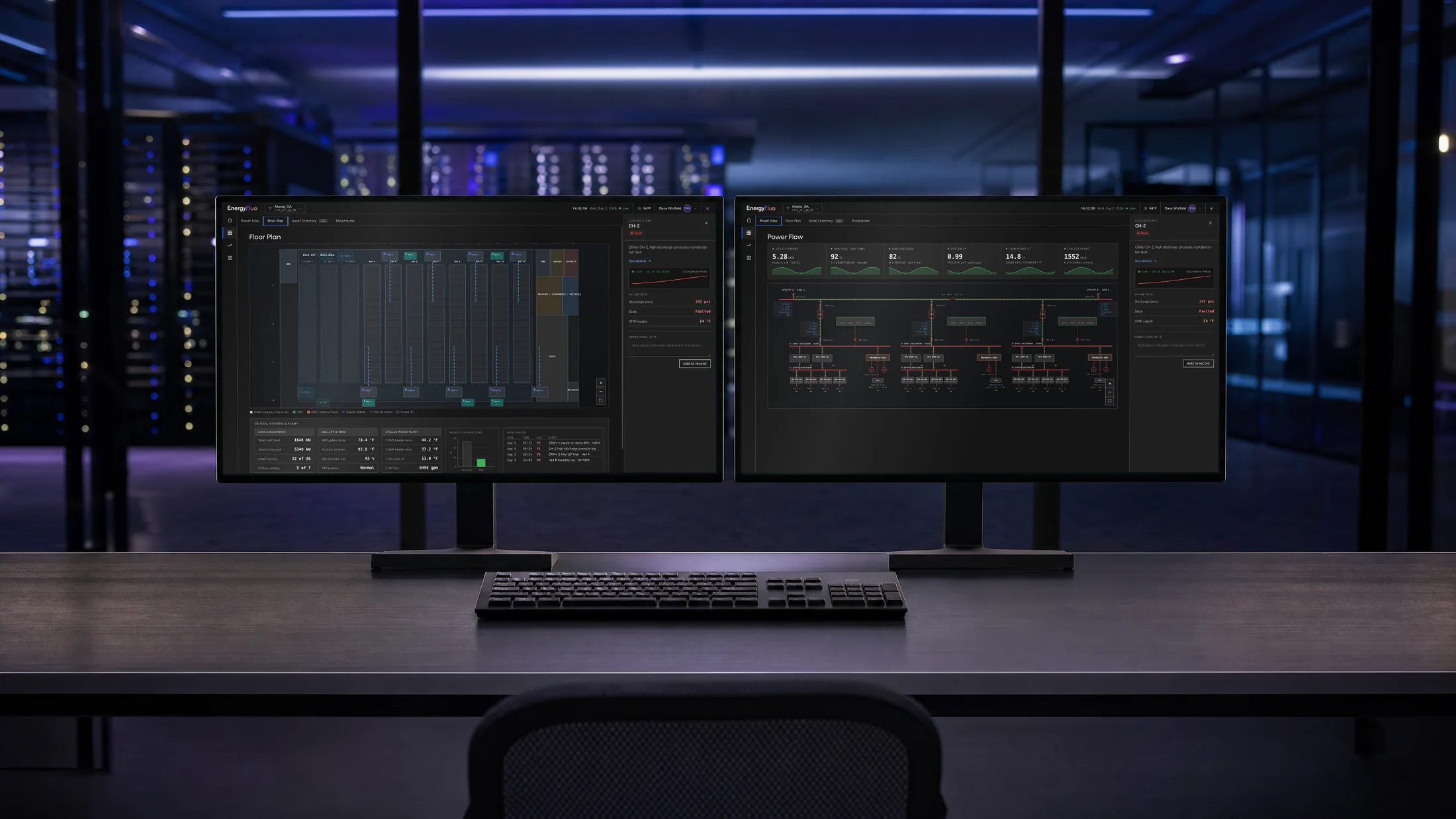 EnergyFluo data hall floor plan and power flow diagram on two monitors