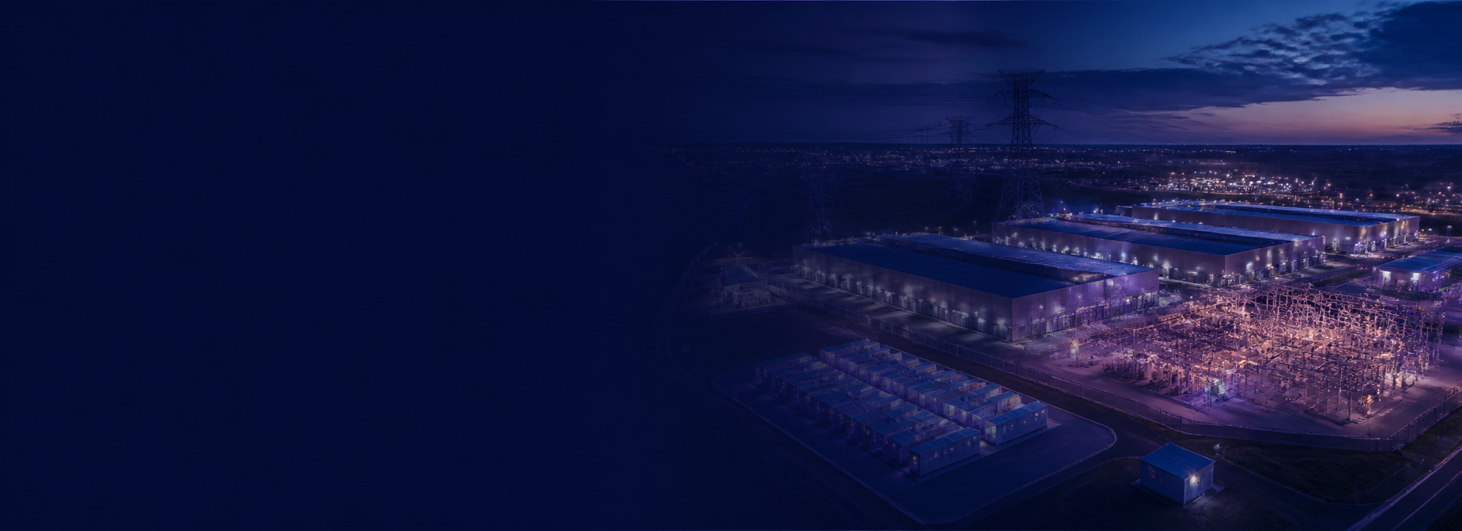 Data center, battery storage and substation infrastructure at blue hour