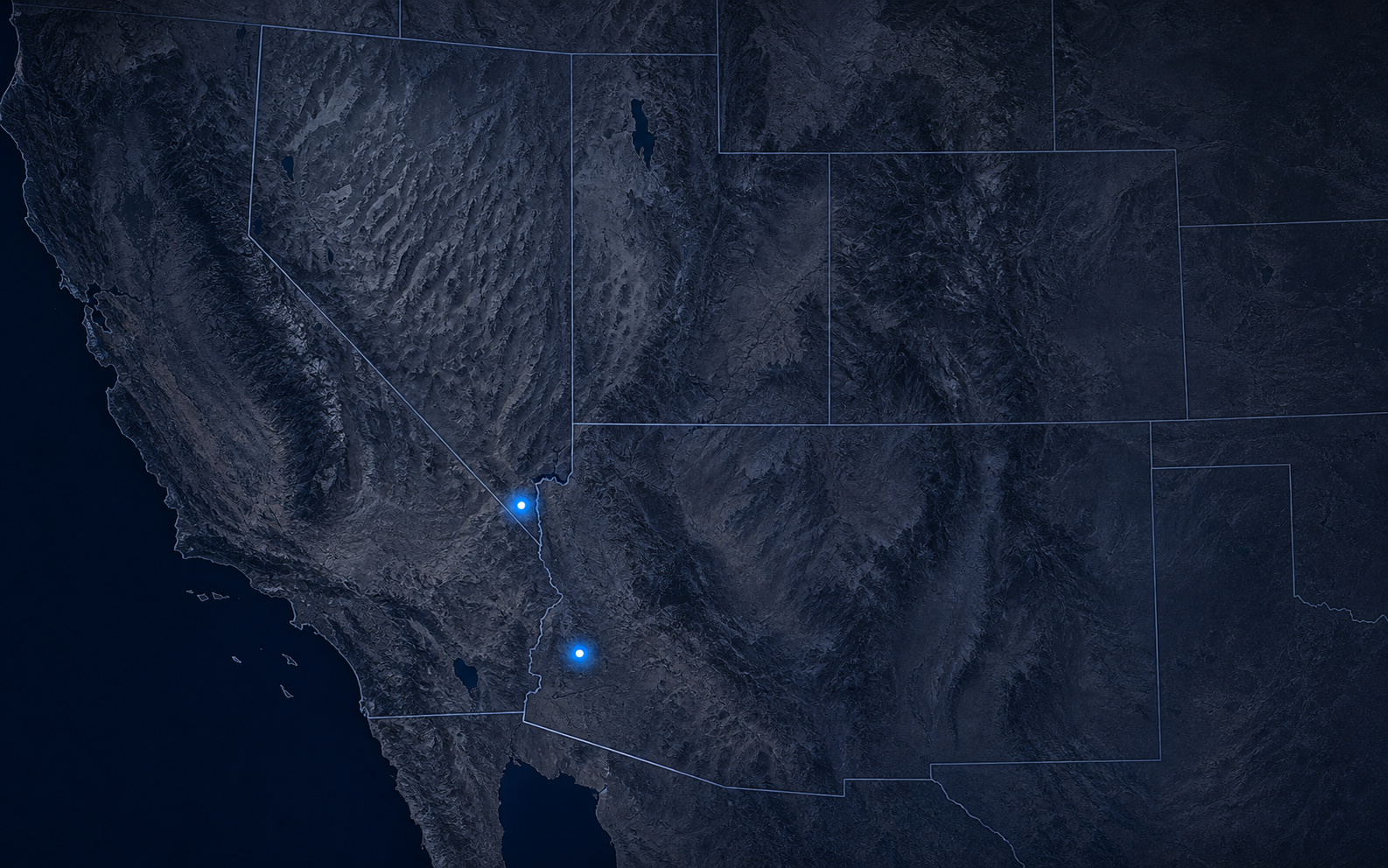 Terrain map of the southwestern United States locating the Nevada and Arizona project regions