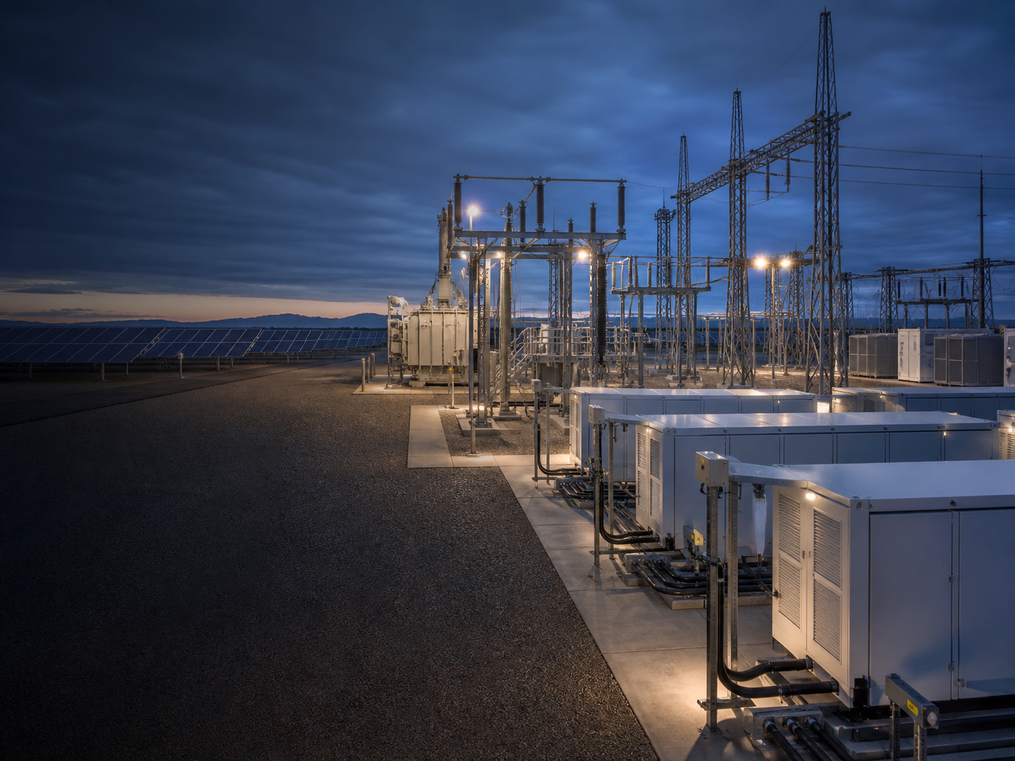 Energy infrastructure operating at dusk